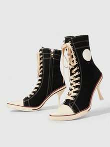 ROMWE Grunge Punk Women's Short Boots And Ankle Boots, Pointed-Toed Stiletto High-Lace-Up Dark Rock Punk Boots, Riveted Y2K Goth Boots, Knight Motorcycle Boots - Black -0004 - View 6