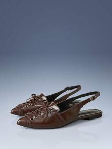 CUCCOO GRLICON Strap Design Pointed Flat Sandals Brown PU Leather Versatile Low-Heeled Shoes Women, Suitable For Commuting, Office - Brown - View 3