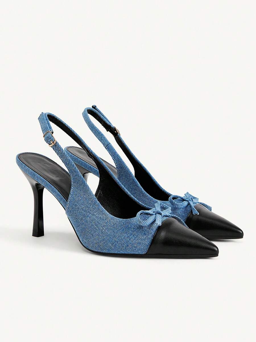 CUCCOO CHICEST French Contrasting Bow Back Strap Stiletto High Heels Slim Pointed Commuter Elegant Shoes - Contrasting blue - View 1