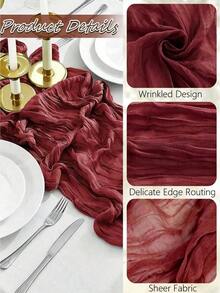 1pc/3pcs Burgundy Bohemian Style Gauze Table Runner, Semi-Transparent Thin Gauze Tablecloth, Suitable For Wedding, Birthday, Baby Shower, Party, Bohemian Style Tabletop Decor - Multicolor - View 3