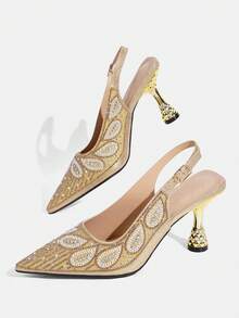 CUCCOO TILAWA Pearl Decoration Gold Sparkling Rhinestone Elegant Temperament Sexy Pointed Women's High Heels - The Rear Buckle Belt Is Exquisitely Designed, Using T - Gold - View 4