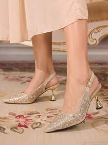 CUCCOO TILAWA Gold Mesh Sparkling Rhinestone Elegant Temperament Sexy Pointed Women's High Heels - The Rear Buckle Belt Is Exquisitely Designed, Using The Design Of - Gold - View 6