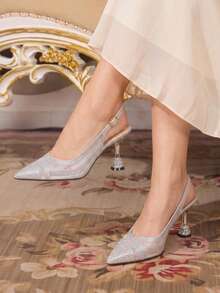 CUCCOO TILAWA Champagne Mesh Sparkling Rhinestone Elegant Temperament Sexy Pointed Women's High Heels - The Rear Buckle Belt Is Exquisitely Designed, Using The Desi - Silver - View 2