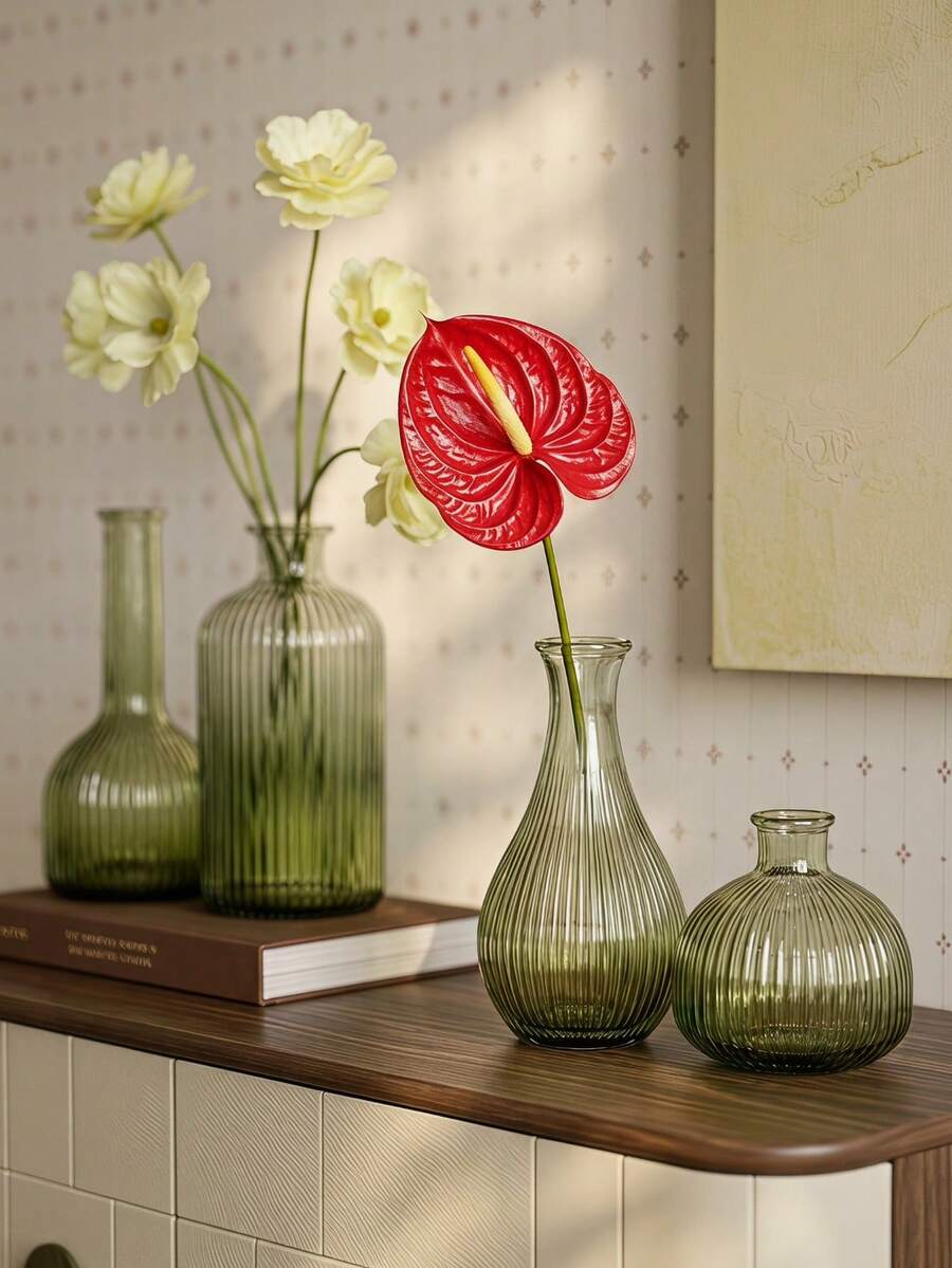Cirelle 1Pc Glass Vase, Gradient Tinted Glass With Vertical Ribbed Texture, For Dried Floral Display, Tabletop Aesthetic, Boho, Modern Minimalist, Bedroom Shelf Decor, Housewarming Gift,For Living‑Room Vanity Decor To Refresh Household Ambient Layout - default - View 1