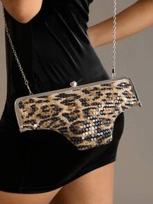 Viva Strut Ladies Fashionable Personality Fun Sexy Sweet Cool Y2K Leopard Print Sequins Triangle Undies Clutch, Dinner Bag, Party Dating Banquet Dance Night Club - Coffee - View 2
