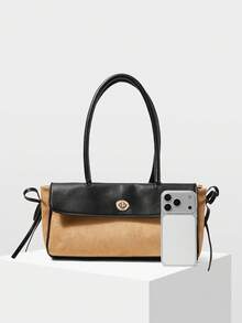 MOTF WOMEN'S STYLISH SIMPLE KHAKI SHOULDER BAG, CONTRASTING COLOR SPLICING FLIP BAGUETTE BAG, FOR DAILY, COMMUTING, SHOPPING, DATING - Khaki - View 4