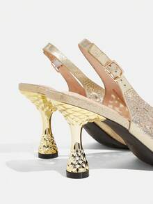 CUCCOO TILAWA Gold Mesh Sparkling Rhinestone Elegant Temperament Sexy Pointed Women's High Heels - The Rear Buckle Belt Is Exquisitely Designed, Using The Design Of - Gold - View 8