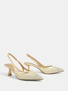 CUCCOO TILAWA Women's Pointed Square Vamp. Breathable Flat Mesh Fabric, Hot Rhinestones. Wine Glass Paint Medium And High Heels. Back Empty Shoes. Four Seas - Gold - View 7