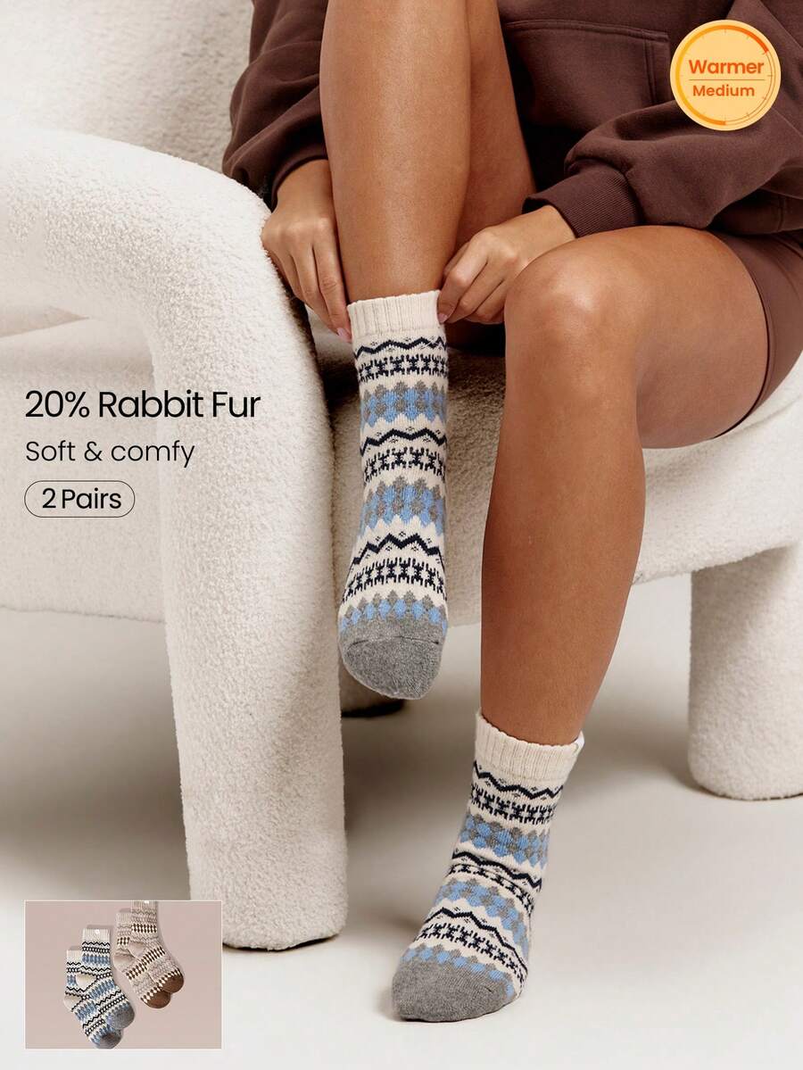 GLOWMODE عبوة من 2 زوج جوارب متوسطة الطول بنمط فير آيل مريحة مع مزيج 20% من فرو الأرنب & ملصق شعار منسوج للارتداء اليومي الكاجوال في الخريف والشتاء - خلط الألوان - مشاهدة 1