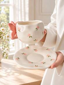A Set Of Exquisite Ceramic Mugs, Featuring 3D Bow-Shaped Handles | Pastel Floral And Butterfly-Printed Teacups Paired With Scallop-Shaped Saucers | Adorable Korean-Style Coffee Cups-Perfect For Home Decor And As Gifts. - Multicolor - View 6