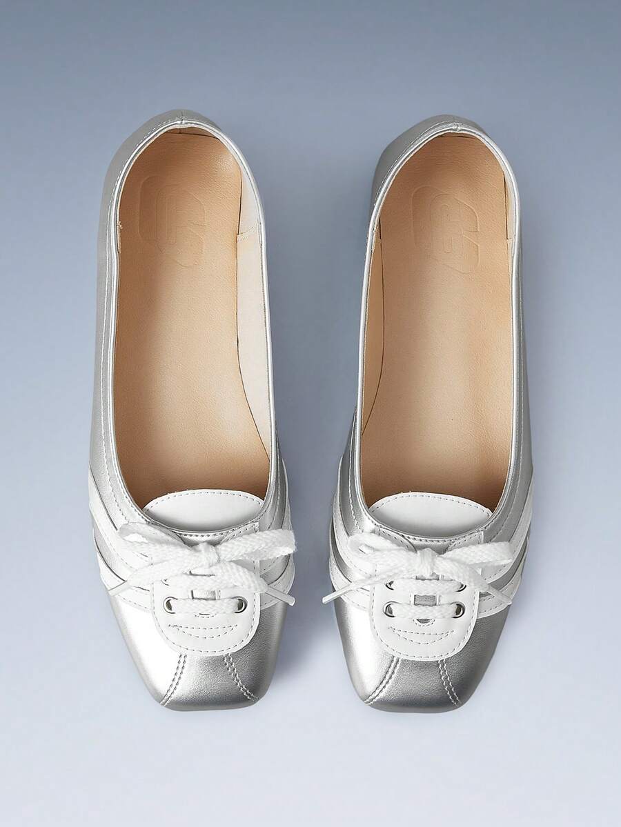 CUCCOO GRLICON Low Vamp Color Matching Lace-Up Flat Bottom Y2K Silver PU Leather Women's Flat Bottom Shoes Party Outdoor - Silver - View 1