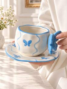 A Set Of Exquisite Ceramic Mugs, Featuring 3D Bow-Shaped Handles | Pastel Floral And Butterfly-Printed Teacups Paired With Scallop-Shaped Saucers | Adorable Korean-Style Coffee Cups-Perfect For Home Decor And As Gifts. - Multicolor - View 7