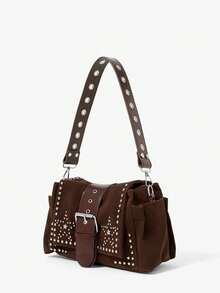 Viva Strut Ladies Fashionable Personality Street Sweet Cool Girls Y2K Vintage Deep Coffee Suede Star Rivet Design Flip Shoulder Bag, Daily School Shopping Dating - Dark coffee - View 3