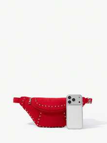 Viva Strut Ladies Retro Rivets Red Suede Waist Bag/Chest Bag, Fashionable, Personalized, Simple, Versatile, Street, Sweet And Cool Girls Y2k, For Daily, Shopping - Red suede - View 7