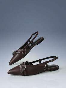 CUCCOO GRLICON Multi-Buckle Design Pointed Flat Sandals Brown PU Leather Versatile Low-Heeled Shoes Women, Suitable For Commuting And Office - Brown - View 4