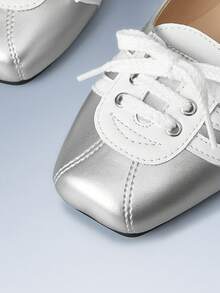 CUCCOO GRLICON Low Vamp Color Matching Lace-Up Flat Bottom Y2K Silver PU Leather Women's Flat Bottom Shoes Party Outdoor - Silver - View 6