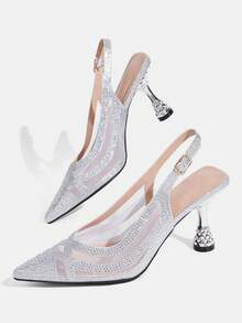 CUCCOO TILAWA Champagne Mesh Sparkling Rhinestone Elegant Temperament Sexy Pointed Women's High Heels - The Rear Buckle Belt Is Exquisitely Designed, Using The Desi - Silver - View 3