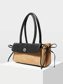 MOTF WOMEN'S STYLISH SIMPLE KHAKI SHOULDER BAG, CONTRASTING COLOR SPLICING FLIP BAGUETTE BAG, FOR DAILY, COMMUTING, SHOPPING, DATING - Khaki - View 2