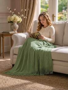 Cirelle Cozy Knitted Throw Blanket For Couch Sofa, Green Decorative Blanket With Fringe Tassels, Texture Cable Knit Wave Pattern Throw For Chair Bed Living Room, Soft Light Weight Warm Decorative Home Decor - Green - View 2