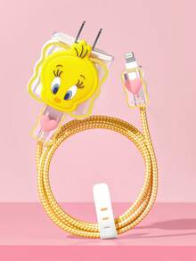 LOONEY TUNES X SHEIN 數據線保護套，適用於 iPhone 充電器，4 件組手機線材保護套，充電器保護套（不含數據線） - 黃色 - 查看 1