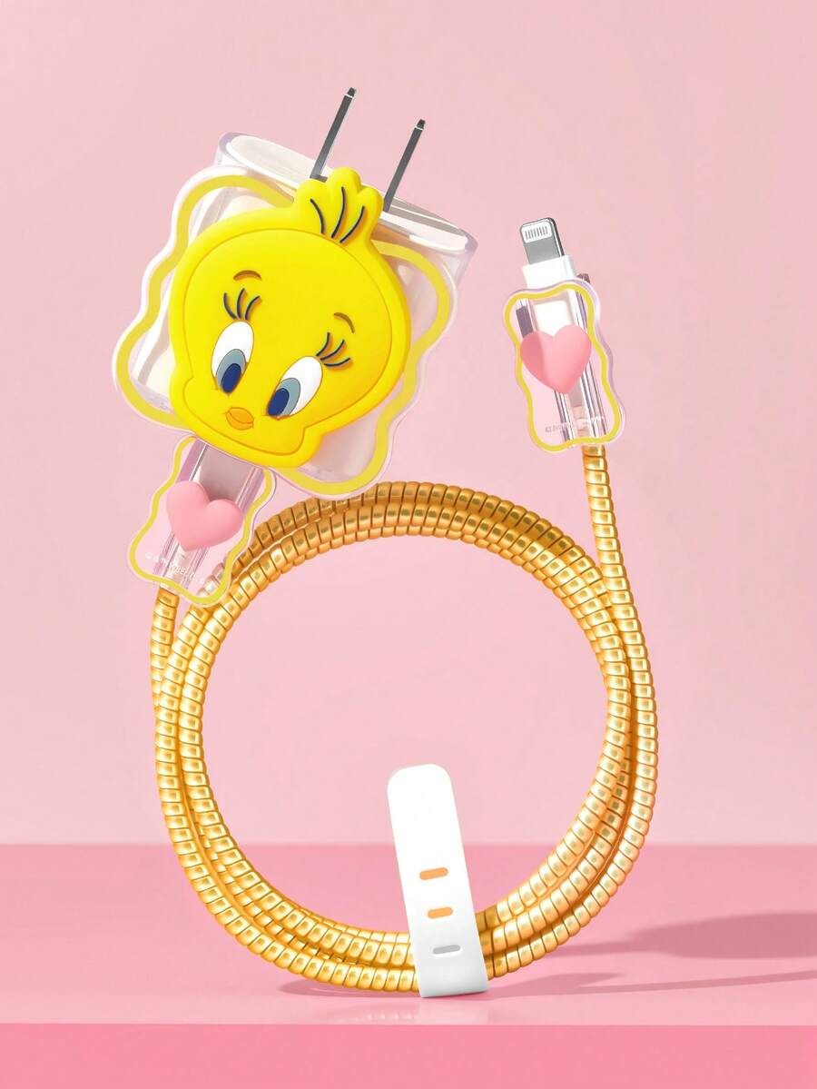 LOONEY TUNES X SHEIN 數據線保護套,適用於 iPhone 充電器,4 件組手機線材保護套,充電器保護套(不含數據線) - 黃色 - 查看 1