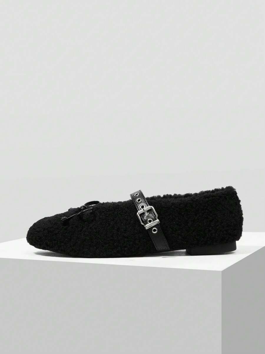 MOTF PREMIUM WOMEN RETRO TEDDY FUZZY BALLET FLATS LEATHER BUCKLE STRAP BOW SOFT WARM OUTDOOR MOCCASIN SHOES - Black - View 2