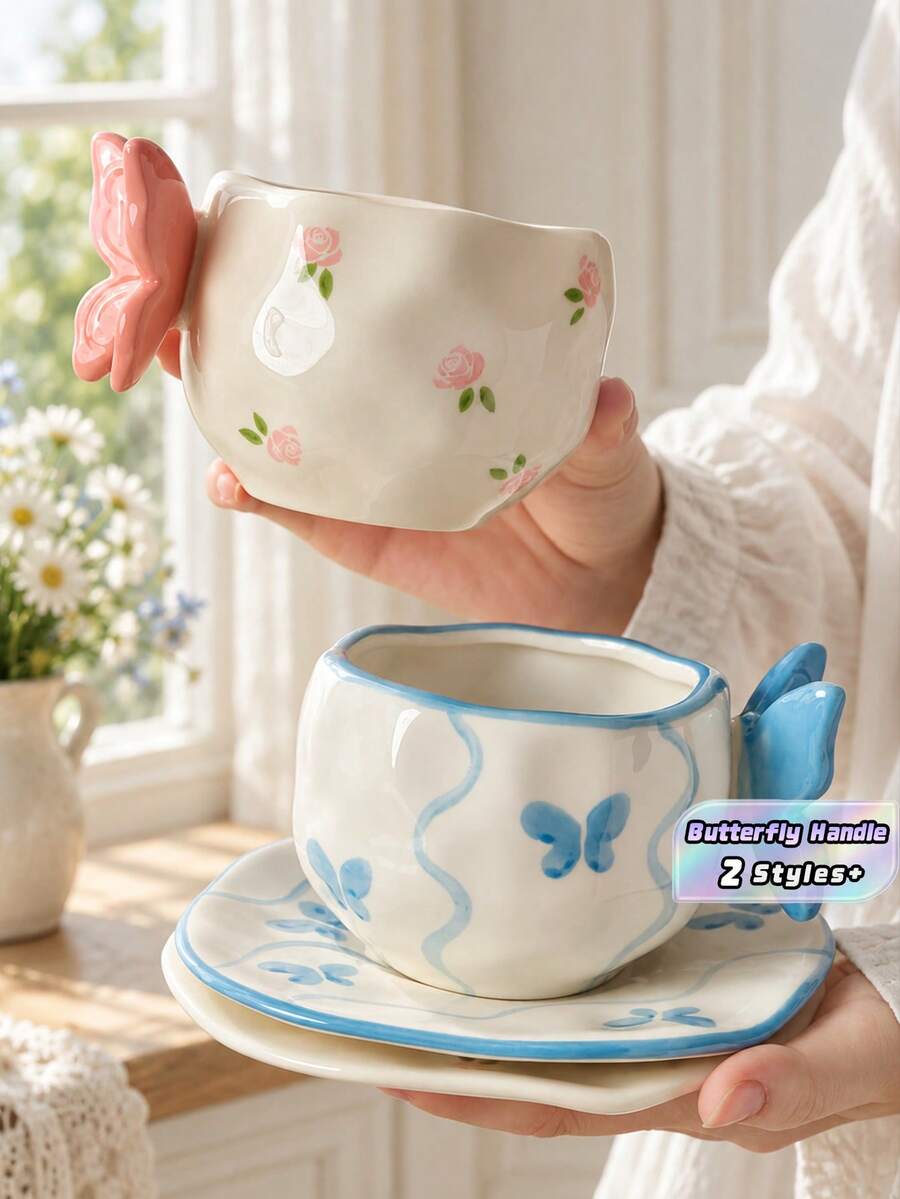 A Set Of Exquisite Ceramic Mugs, Featuring 3D Bow-Shaped Handles | Pastel Floral And Butterfly-Printed Teacups Paired With Scallop-Shaped Saucers | Adorable Korean-Style Coffee Cups-Perfect For Home Decor And As Gifts.