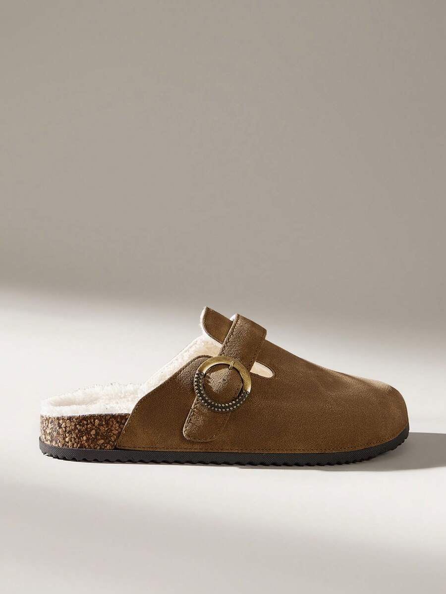 Solecia Ladies' New Slip-On Half-Pack Of Slippers With Plush Imitation Fur Inside To Keep Warm And Versatile Commuting Fall Shoes - dark khaki - View 1
