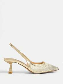 CUCCOO TILAWA Women's Pointed Square Vamp. Breathable Flat Mesh Fabric, Hot Rhinestones. Wine Glass Paint Medium And High Heels. Back Empty Shoes. Four Seas - Gold - View 3
