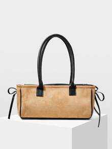MOTF WOMEN'S STYLISH SIMPLE KHAKI SHOULDER BAG, CONTRASTING COLOR SPLICING FLIP BAGUETTE BAG, FOR DAILY, COMMUTING, SHOPPING, DATING - Khaki - View 3