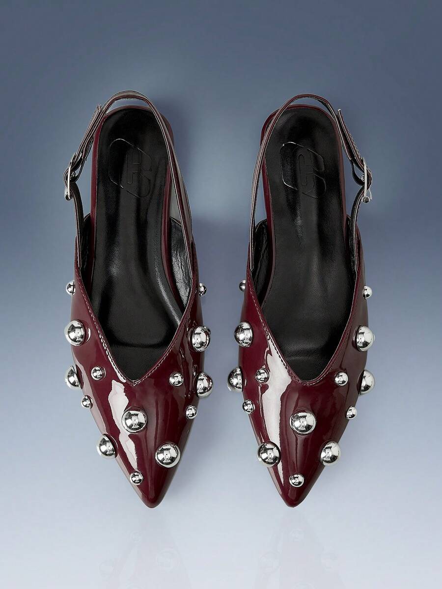 CUCCOO GRLICON Rivet Decorative Pointed Flat Sandals Burgundy PU Leather Versatile Low-Heeled Shoes For Women, Suitable For Locomotive Style And Personalized - Burgundy - View 1