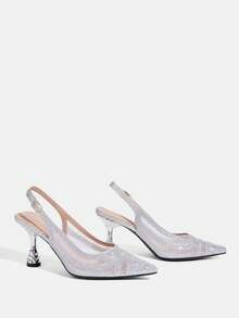 CUCCOO TILAWA Champagne Mesh Sparkling Rhinestone Elegant Temperament Sexy Pointed Women's High Heels - The Rear Buckle Belt Is Exquisitely Designed, Using The Desi - Silver - View 11