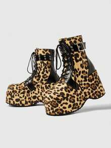 ROMWE Grunge Punk Sepatu Bot Ankle Wedge Vintage Gaya Punk Musim Semi/Gugur Wanita – Bahan Campuran Suede Gothic & Motif Leopard dengan Sol Platform Berlapis Kain - cetak leopard kuning - View 6