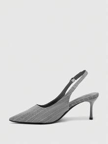 CUCCOO BIZCHIC Women's Workplace Style Pointed Empty Shoes, Gray Vertical Pattern Fabric Adjustable Buckle Stiletto Heels, Formal High Heels, Slingbacks - Light Grey - View 5