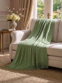 Cirelle Cozy Knitted Throw Blanket For Couch Sofa, Green Decorative Blanket With Fringe Tassels, Texture Cable Knit Wave Pattern Throw For Chair Bed Living Room, Soft Light Weight Warm Decorative Home Decor - Green - View 1