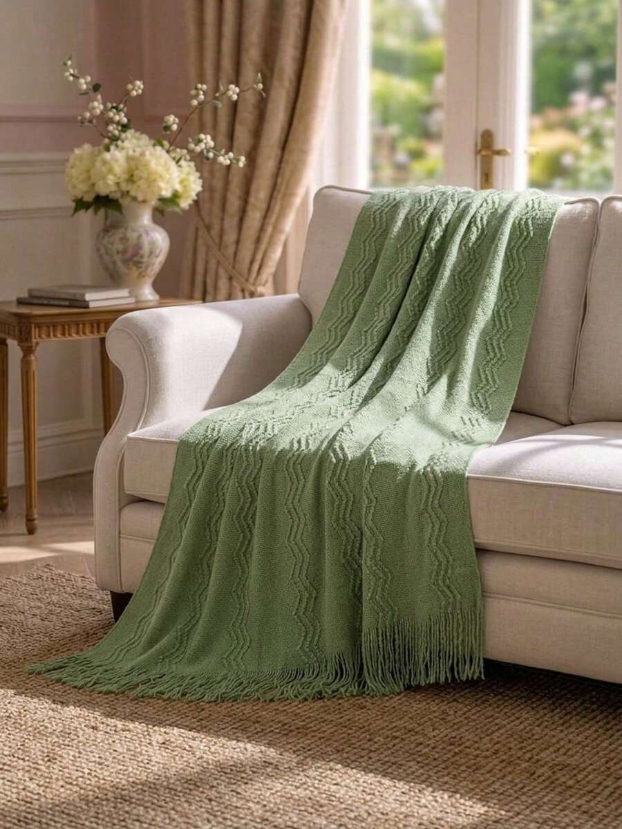Cirelle Cozy Knitted Throw Blanket For Couch Sofa, Green Decorative Blanket With Fringe Tassels, Texture Cable Knit Wave Pattern Throw For Chair Bed Living Room, Soft Light Weight Warm Decorative Home Decor - Green - View 1