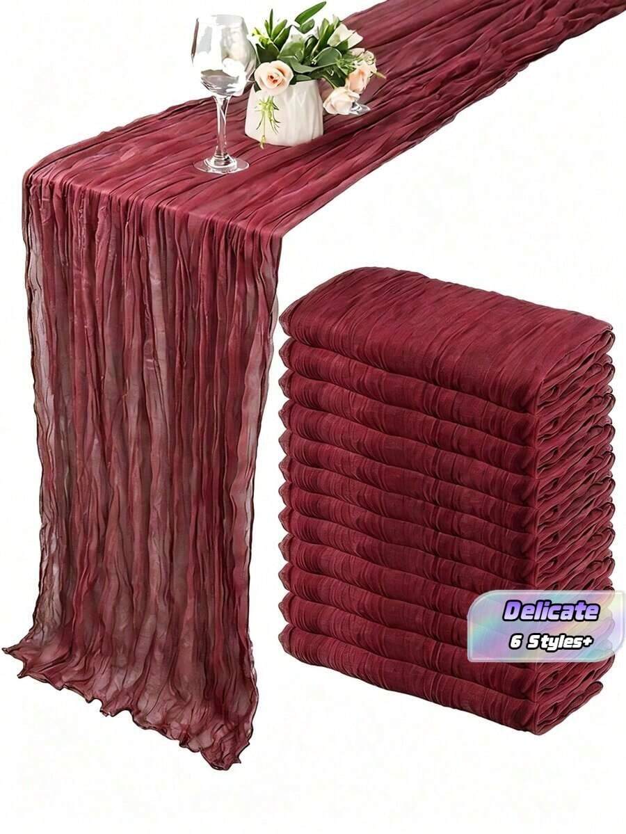 1pc/3pcs Burgundy Bohemian Style Gauze Table Runner, Semi-Transparent Thin Gauze Tablecloth, Suitable For Wedding, Birthday, Baby Shower, Party, Bohemian Style Tabletop Decor - Multicolor - View 1