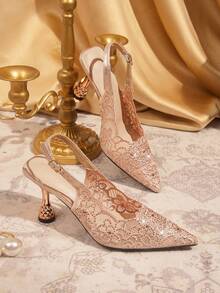 CUCCOO TILAWA Embroidery Mesh Sparkling Elegant Sexy Pointed Women's High Heels - Rear Buckle Intricate And Stylish Design, Adopted By Design Stiletto Women - Champagne - View 1