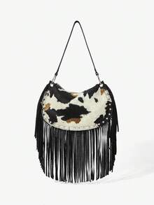 Viva Strut Women's Fashionable Personalized Street Simple Versatile Sweet Cool Hot Girl Y2K Retro Cow Pattern Rivet Tassel Shoulder Bag, Daily Music Festival - Cow tattoo black - View 1