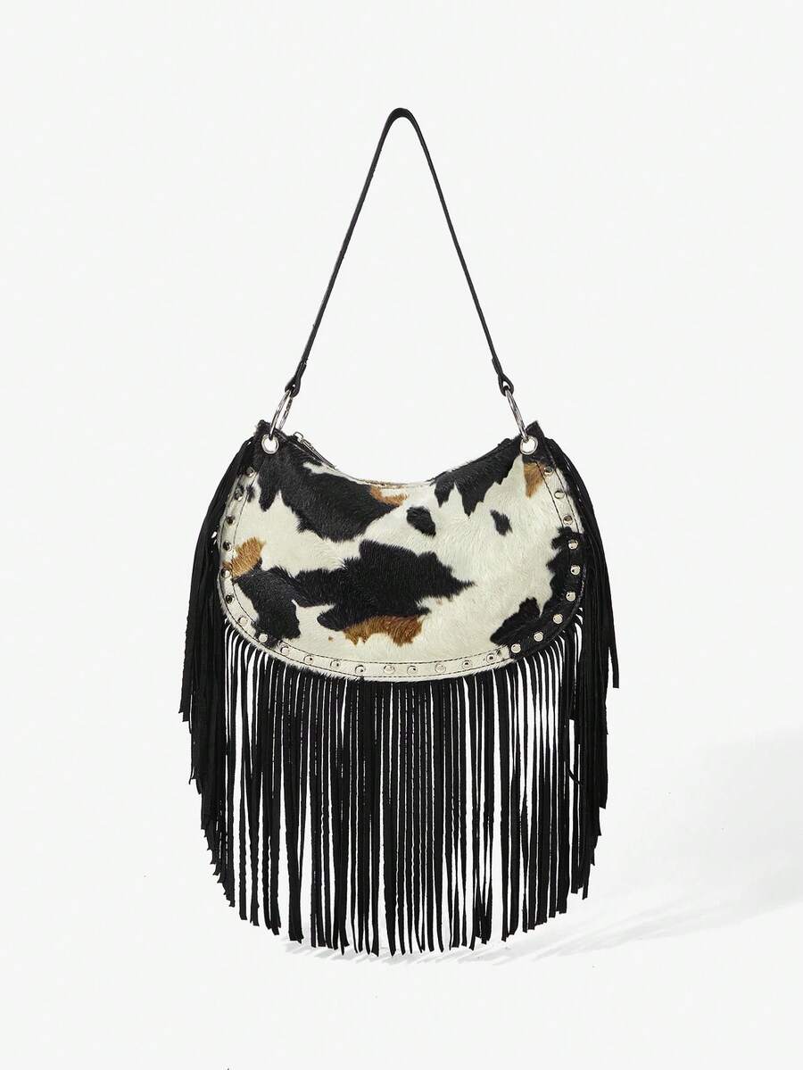 Viva Strut Women's Fashionable Personalized Street Simple Versatile Sweet Cool Hot Girl Y2K Retro Cow Pattern Rivet Tassel Shoulder Bag, Daily Music Festival - Cow tattoo black - View 1