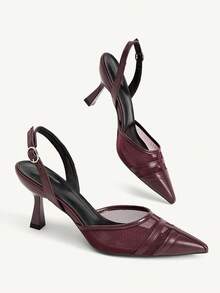 CUCCOO CHICEST Burgundy Mesh Leather Pointed High Heels, Back Strap Design, Elegant Commuter Dinner Temperament Women's Shoes - Burgundy - View 4