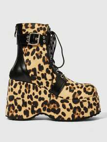 ROMWE Grunge Punk Sepatu Bot Ankle Wedge Vintage Gaya Punk Musim Semi/Gugur Wanita – Bahan Campuran Suede Gothic & Motif Leopard dengan Sol Platform Berlapis Kain - cetak leopard kuning - View 1