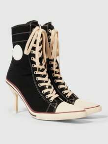ROMWE Grunge Punk Women's Short Boots And Ankle Boots, Pointed-Toed Stiletto High-Lace-Up Dark Rock Punk Boots, Riveted Y2K Goth Boots, Knight Motorcycle Boots - Black -0004 - View 2