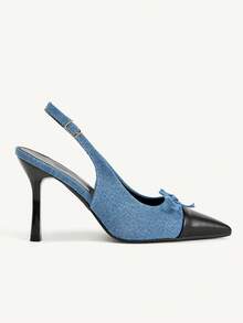 CUCCOO CHICEST French Contrasting Bow Back Strap Stiletto High Heels Slim Pointed Commuter Elegant Shoes - Contrasting blue - View 3
