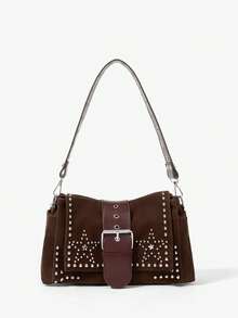 Viva Strut Ladies Fashionable Personality Street Sweet Cool Girls Y2K Vintage Deep Coffee Suede Star Rivet Design Flip Shoulder Bag, Daily School Shopping Dating - Dark coffee - View 1