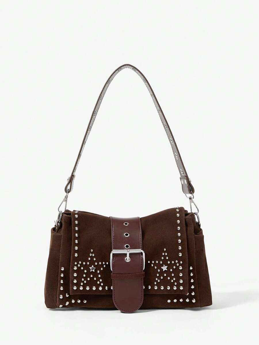 Viva Strut Ladies Fashionable Personality Street Sweet Cool Girls Y2K Vintage Deep Coffee Suede Star Rivet Design Flip Shoulder Bag, Daily School Shopping Dating - Dark coffee - View 1