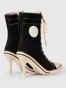 ROMWE Grunge Punk Women's Short Boots And Ankle Boots, Pointed-Toed Stiletto High-Lace-Up Dark Rock Punk Boots, Riveted Y2K Goth Boots, Knight Motorcycle Boots - Black -0004 - View 3