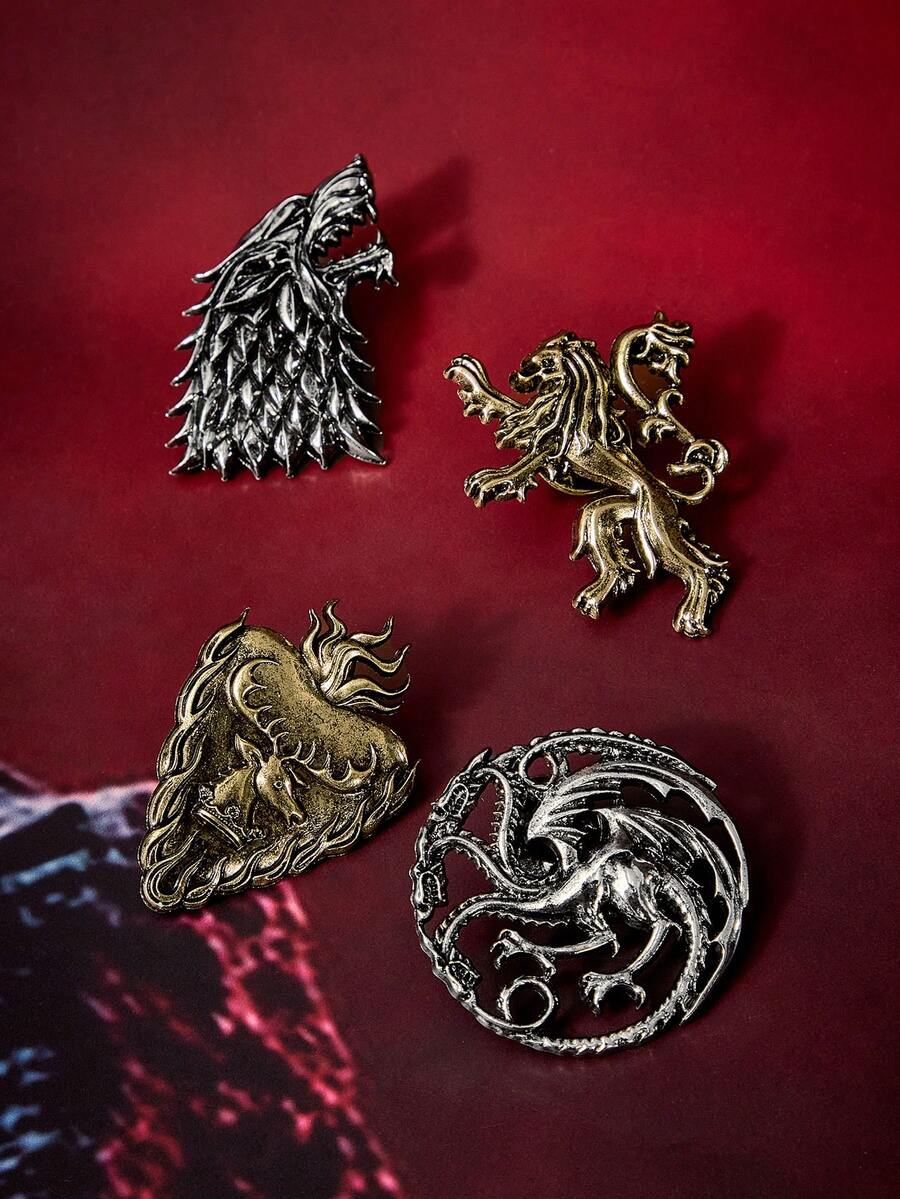 Game of Thrones X SHEIN 4件組時尚鋅合金復古胸針別針套組,包包吊飾,適合作為禮物、收藏品、紀念品 - 彩色 - 查看 1