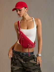 Viva Strut Ladies Retro Rivets Red Suede Waist Bag/Chest Bag, Fashionable, Personalized, Simple, Versatile, Street, Sweet And Cool Girls Y2k, For Daily, Shopping - Big red - View 6