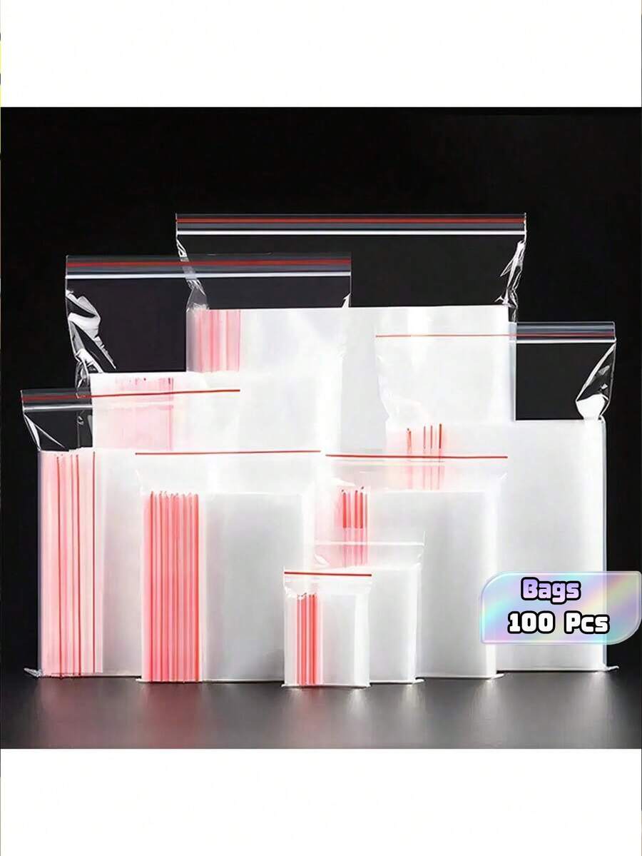 100 Pcs Plastic Self-Sealing Bags, PE Material, Reusable Zip Lock Gift Bags, Clear Jewelry Packaging Bags, Plastic Pouches For Documents, Multi-Purpose Tool Bags For Outdoor Camping, Holiday Gift Packaging Bags, Clothes Storage Bags - 100pcs - View 1